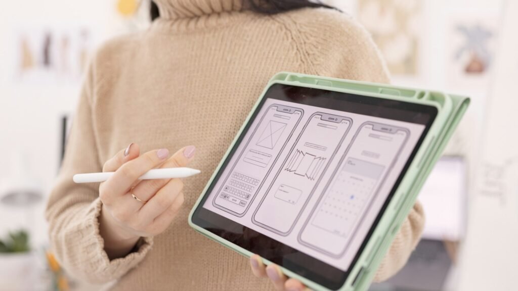 Tablet, ux design and hands of business woman presenting ideas, vision and concept in meeting. Web
